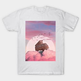 Dreamy Car Ride: Artwork of a Car Driving on Pink Clouds T-Shirt